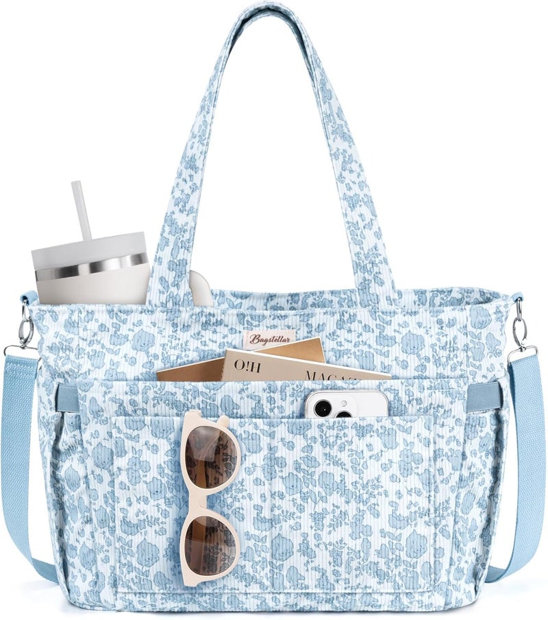 Bagstellar Corduroy Tote Bag for Women, 17 Pockets Laptop Work Tote Bag Lightweight Teacher Nurse Bible Bag for School Travel | with 40oz Cup Holder, Multi Compartment, Zipper Crossbody Bag, College Shoulder Bag, Daily Purse w/ Strap, Ideal Gift for Women - Image 1